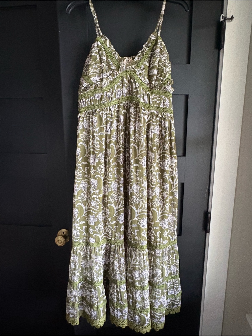 Dizzy Lizzy Olive Green Floral Crochet Trim Maxi Dress L